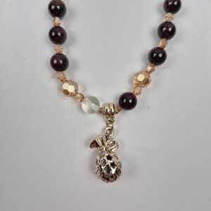 Pink Red Beaded Necklace 24" Silver Tone Pineapple‎ Charm Boho Layering Jewelry